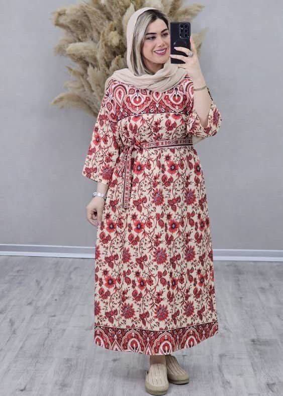 پیراهن روژین کمربنددار جنس کرپ سبک و خنک