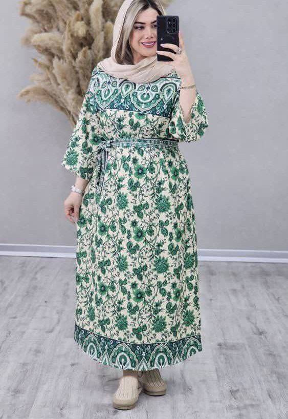پیراهن روژین کمربنددار جنس کرپ سبک و خنک