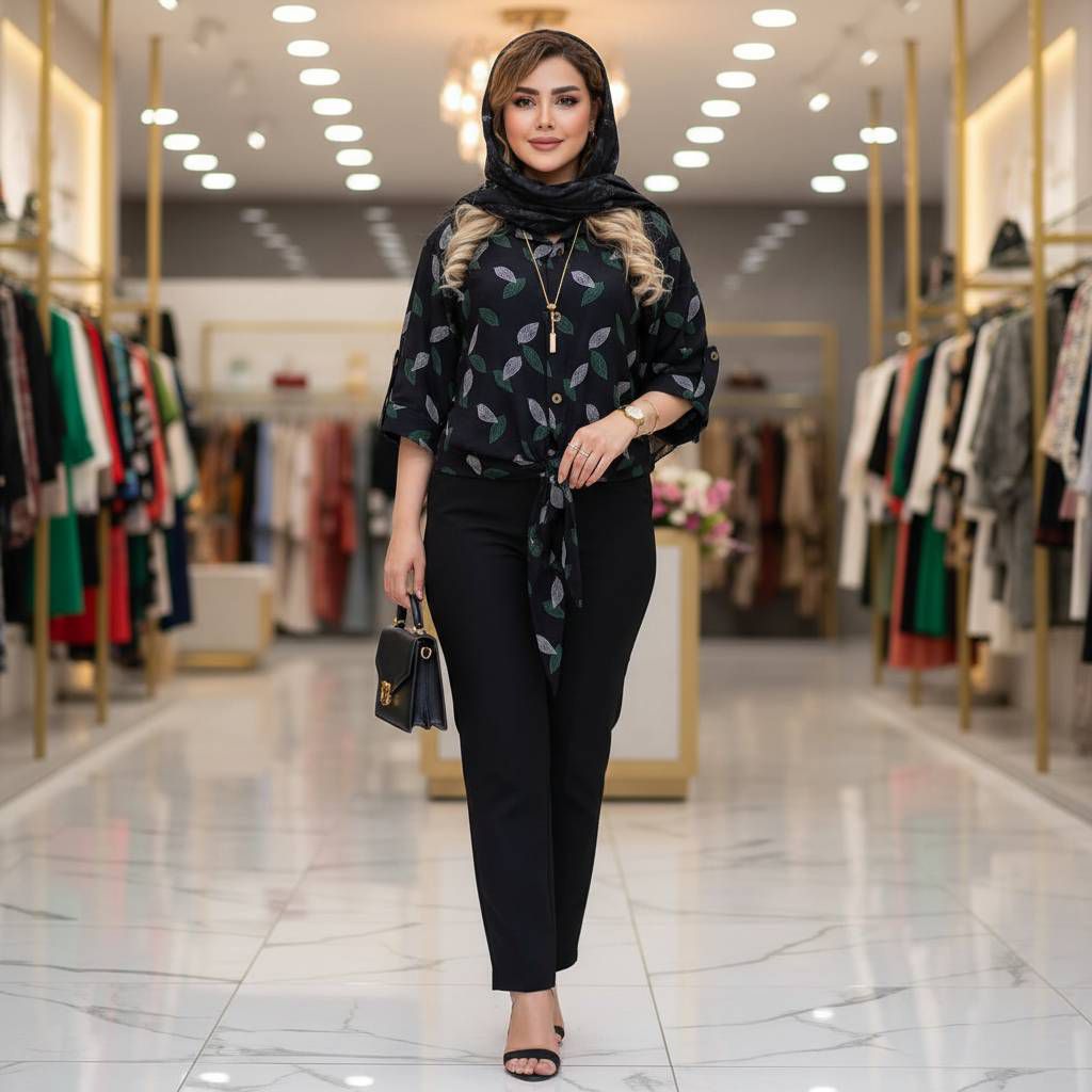 شومیز گره ای برگی جنس شانتون