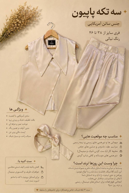 ست سه تیکه پاپیون جنس ساتن آمریکایی اعلا