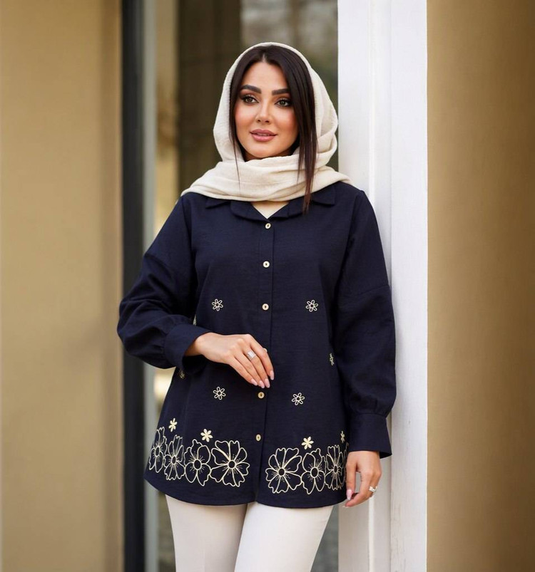 شومیز مانتویی مهگل جنس شانتون و گلدوزی